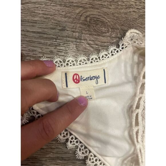 Olsenboye OffWhite Cream Lacey Short Dress Bell Sleeve Open Back Dress Large - Picture 6 of 11